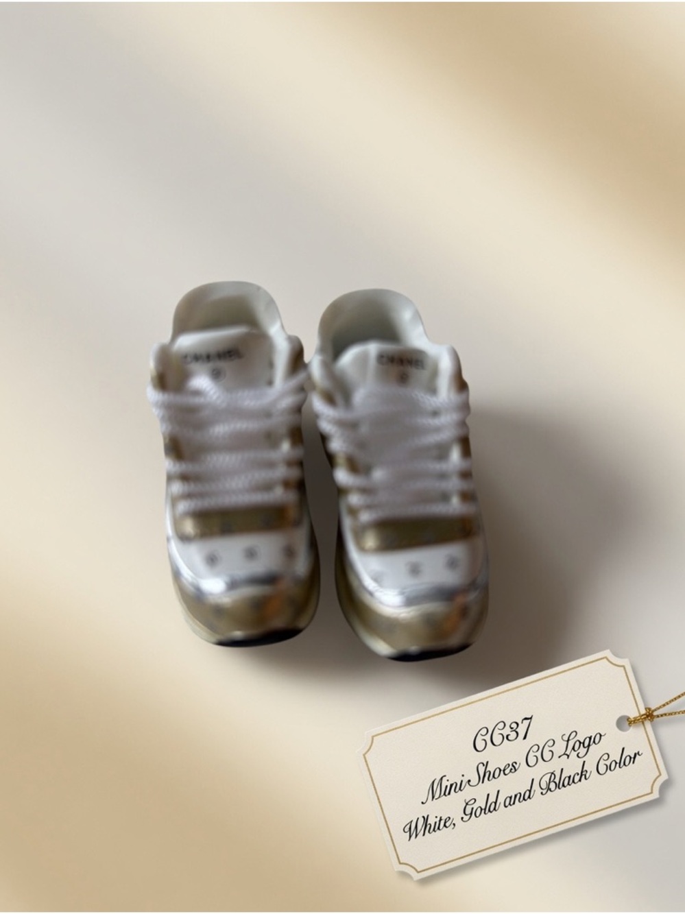 CC37, CHANEL White & Gold Mini Sneaker For Labubu Doll